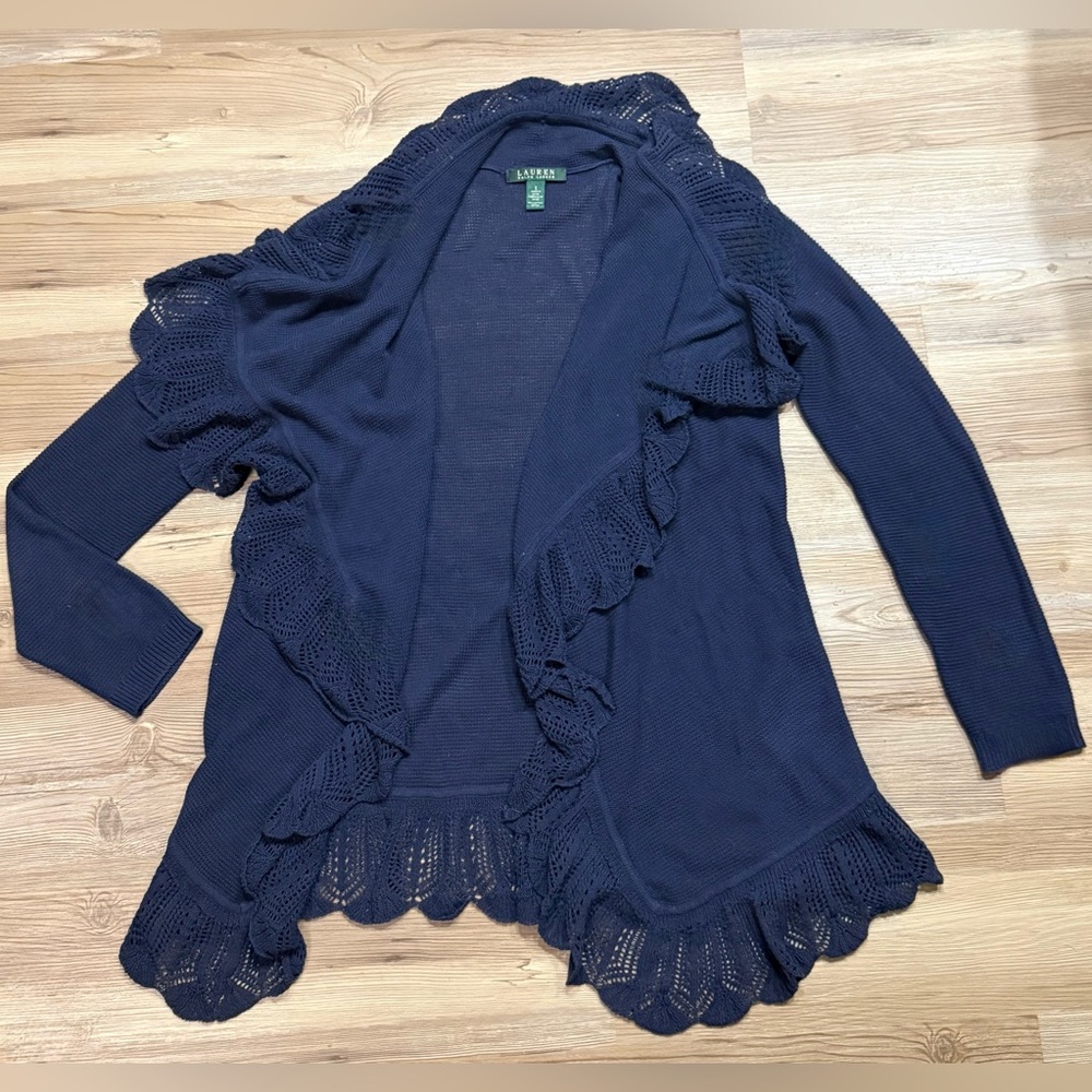 Lauren Ralph Lauren Navy Open-Front Ruffle Cardigan Sweater